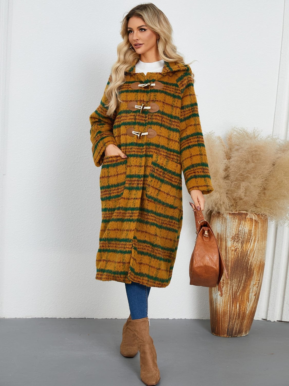 Plaid Long Sleeve Hooded Coat with Pockets - Trendsi