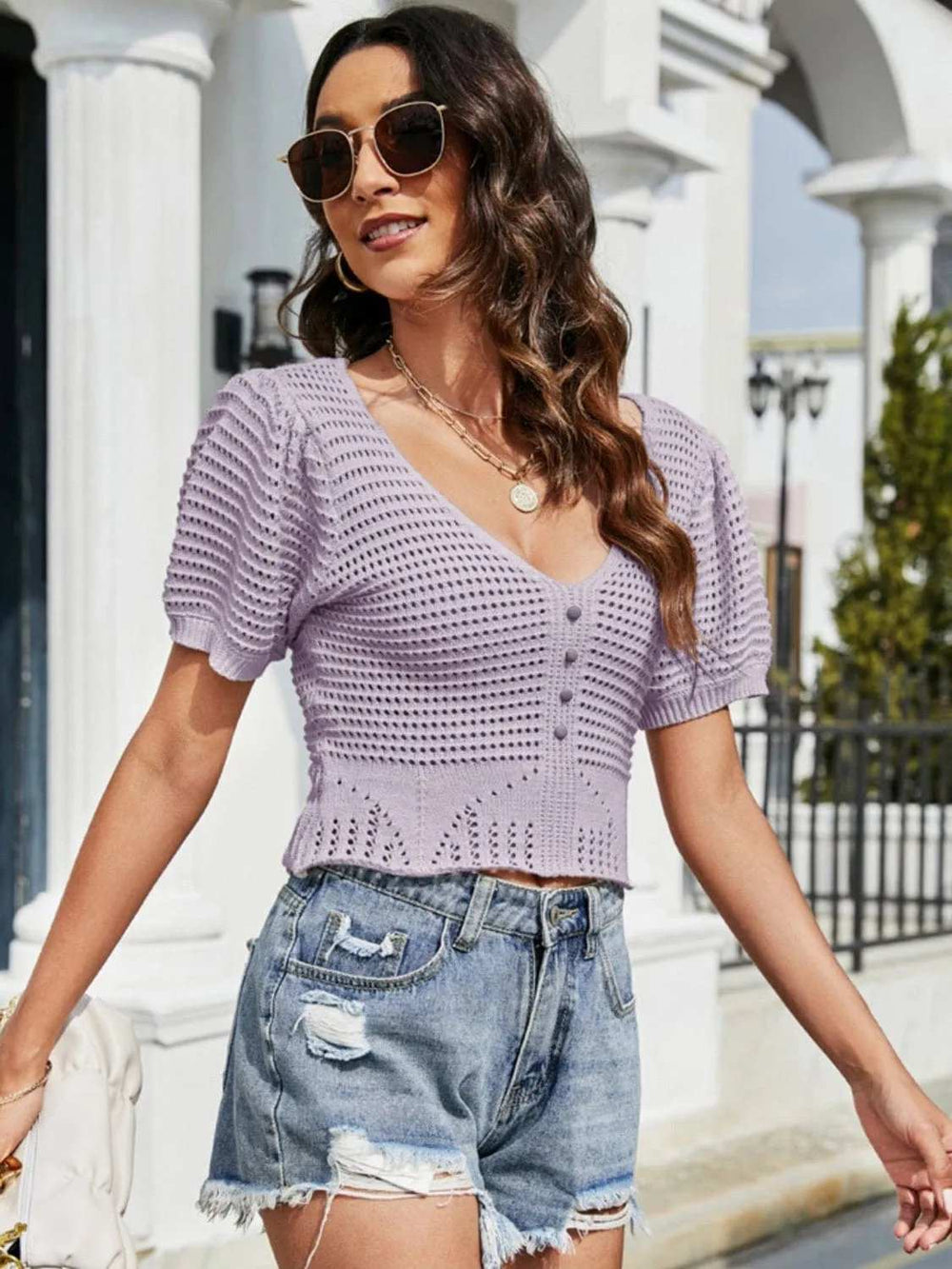 Openwork V-Neck Short Sleeve Knit Top - Trendsi - Flyclothing LLC