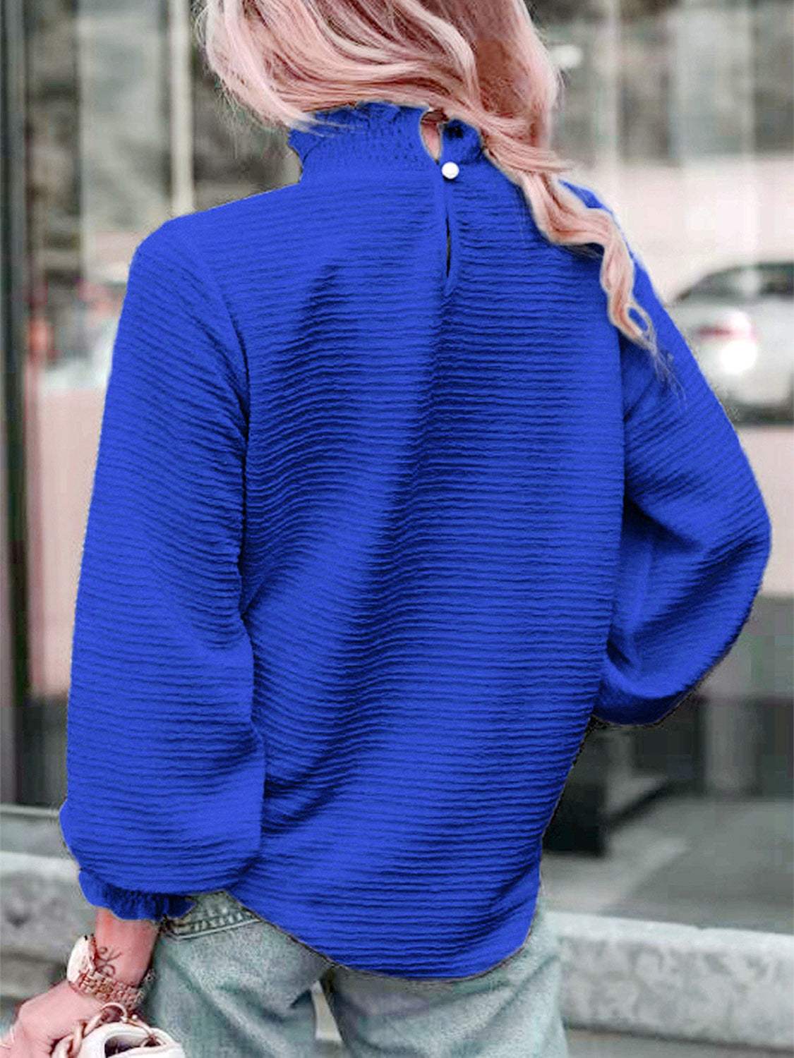 Smocked Frill Mock Neck Long Sleeve Blouse - Trendsi - Flyclothing LLC