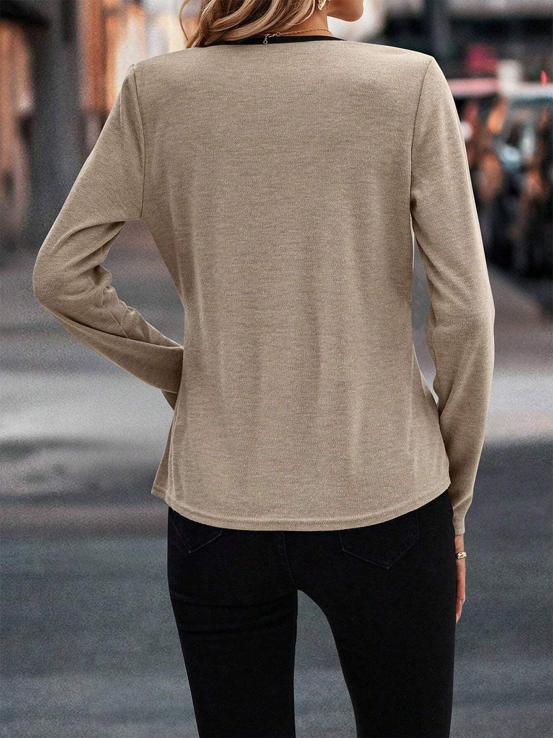 Full Size Crisscross Contrast Trim Long Sleeve T-Shirt - Trendsi - Flyclothing LLC