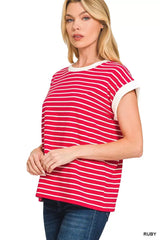 Zenana Full Size Contrast Trim Cap Sleeve Stripe Tee Plus Size - Trendsi - Flyclothing LLC