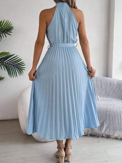 Grecian Neck Tie Waist Pleated Dress - Trendsi - Flyclothing LLC