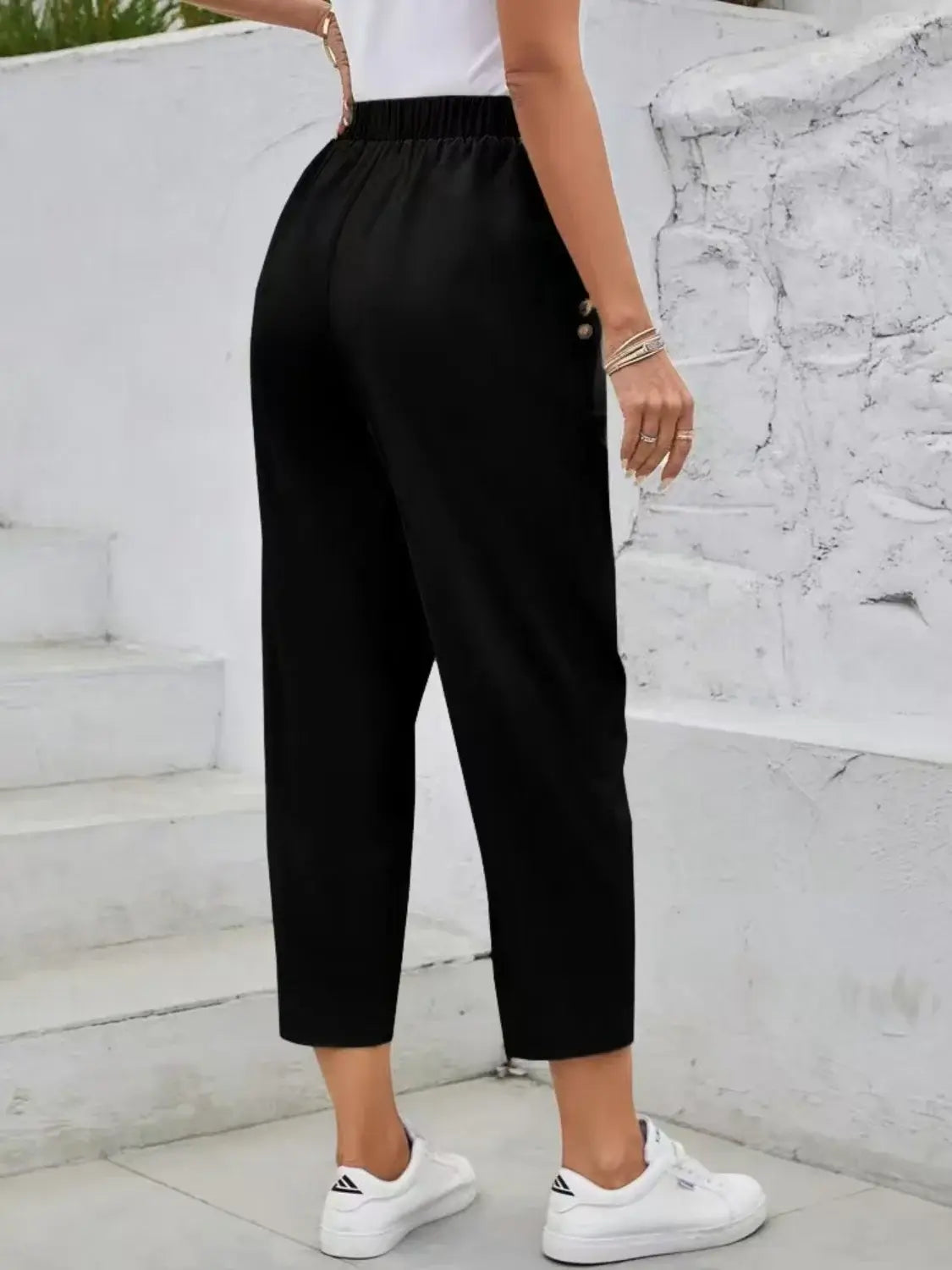 Elastic Waist High Rise Pants - Trendsi - Flyclothing LLC