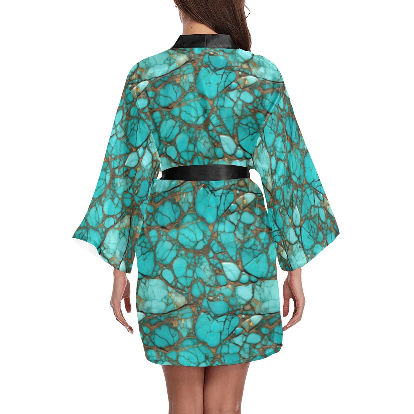 Baha Ranch All Turquoise Satin Kimono Sleeve Robe