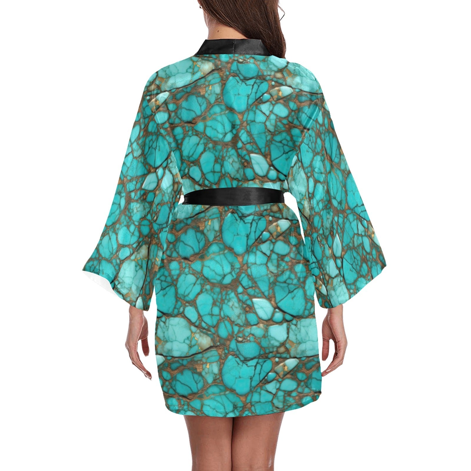 Baha Ranch All Turquoise Satin Kimono Sleeve Robe