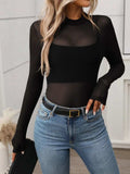 Mock Neck Long Sleeve Sheer Top - Trendsi - Flyclothing LLC