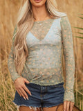 Floral Print Mesh Long Sleeve Top - Trendsi - Flyclothing LLC