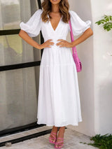 V-Neck Puff Sleeve Midi Dress - Trendsi - Flyclothing LLC