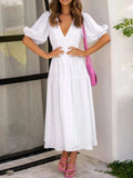 V-Neck Puff Sleeve Midi Dress - Trendsi - Flyclothing LLC