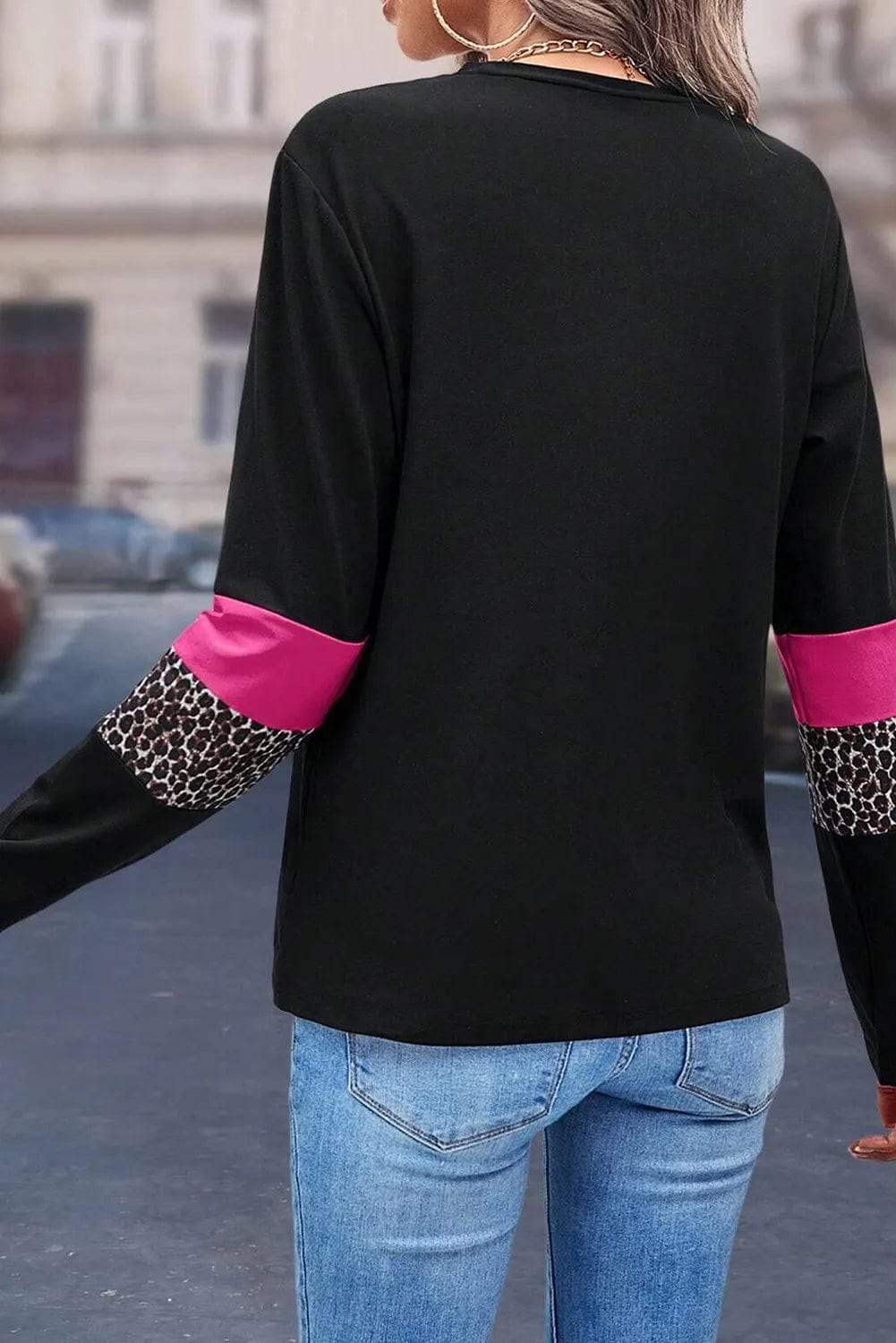 Leopard Round Neck Long Sleeve Blouse - Trendsi - Flyclothing LLC
