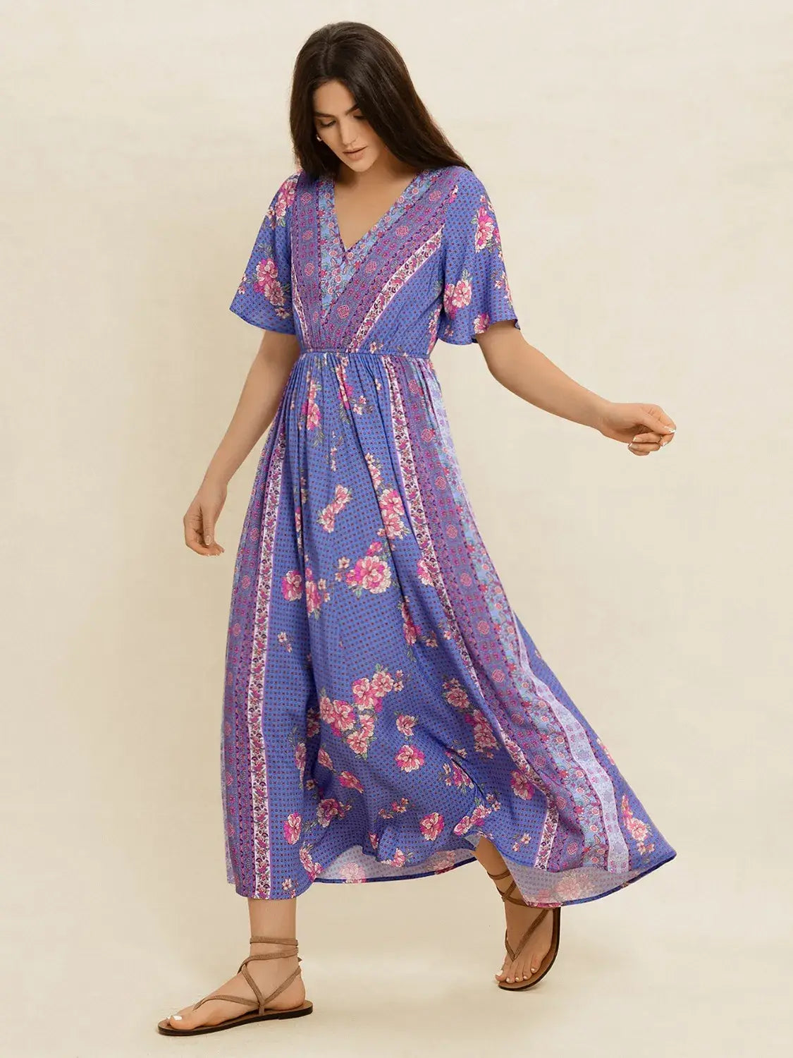 Printed Short Sleeve Midi Dress - Trendsi - Flyclothing LLC