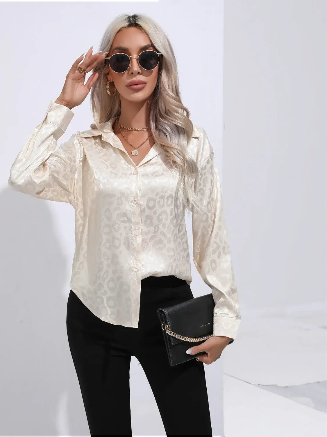 Leopard Collared Neck Long Sleeve Shirt - Trendsi - Flyclothing LLC