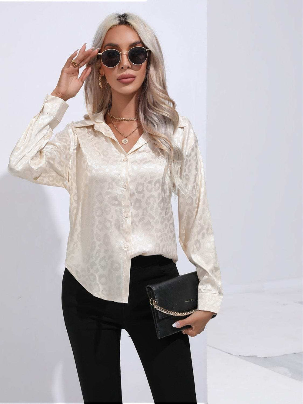 Leopard Collared Neck Long Sleeve Shirt - Trendsi - Flyclothing LLC