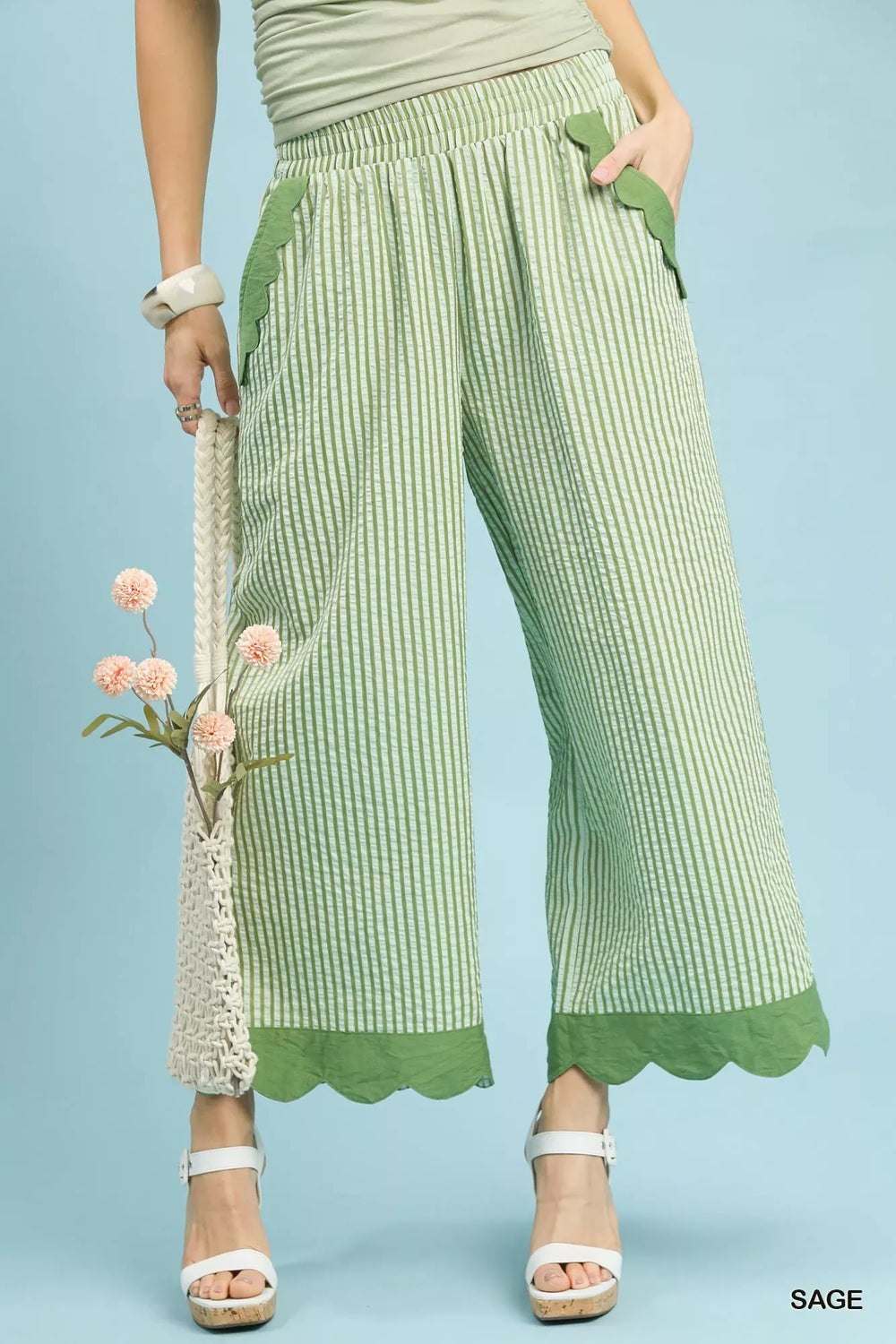 Umgee Stripe Scallop Hem Wide Leg Pants - Trendsi - Flyclothing LLC