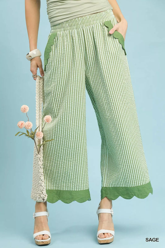 Umgee Stripe Scallop Hem Wide Leg Pants - Trendsi - Flyclothing LLC