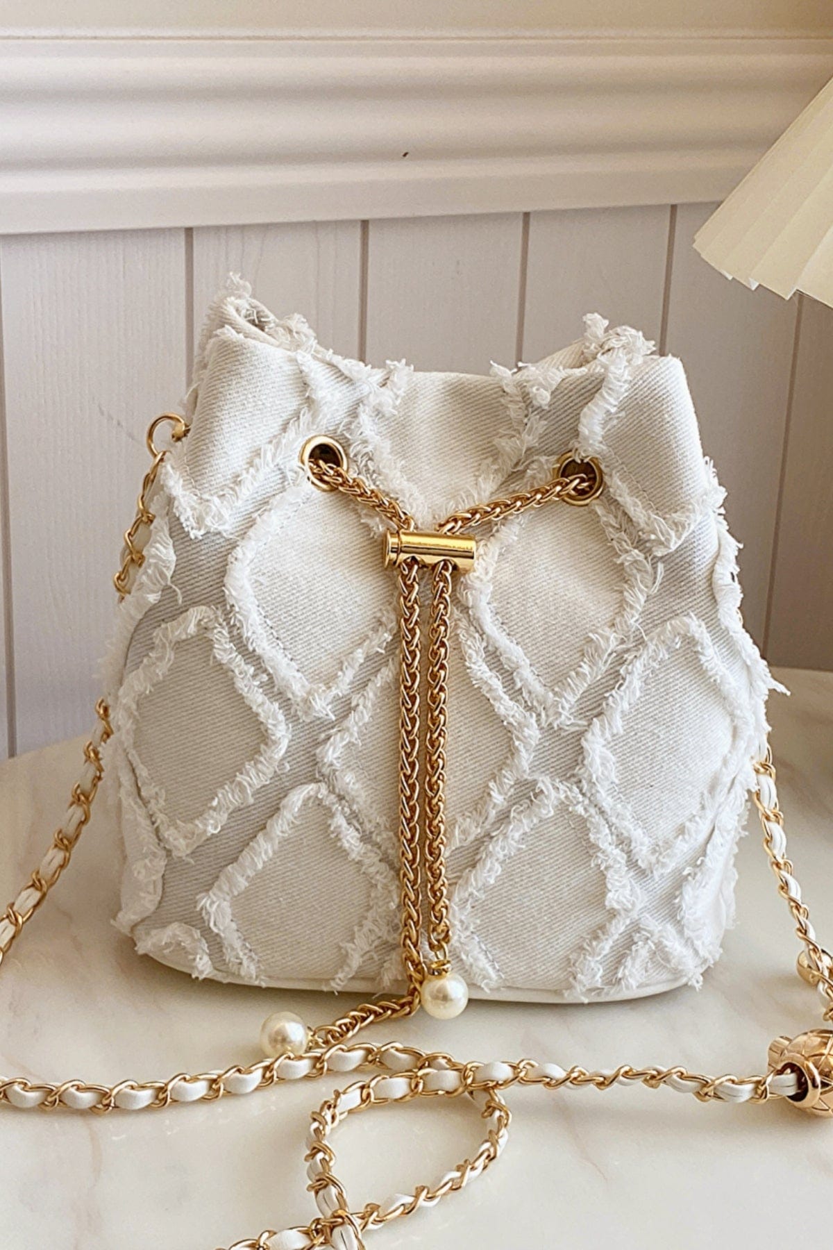 Chain Drawstring Raw Edge Denim Bucket Bag - Trendsi