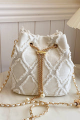 Chain Drawstring Raw Edge Denim Bucket Bag - Trendsi