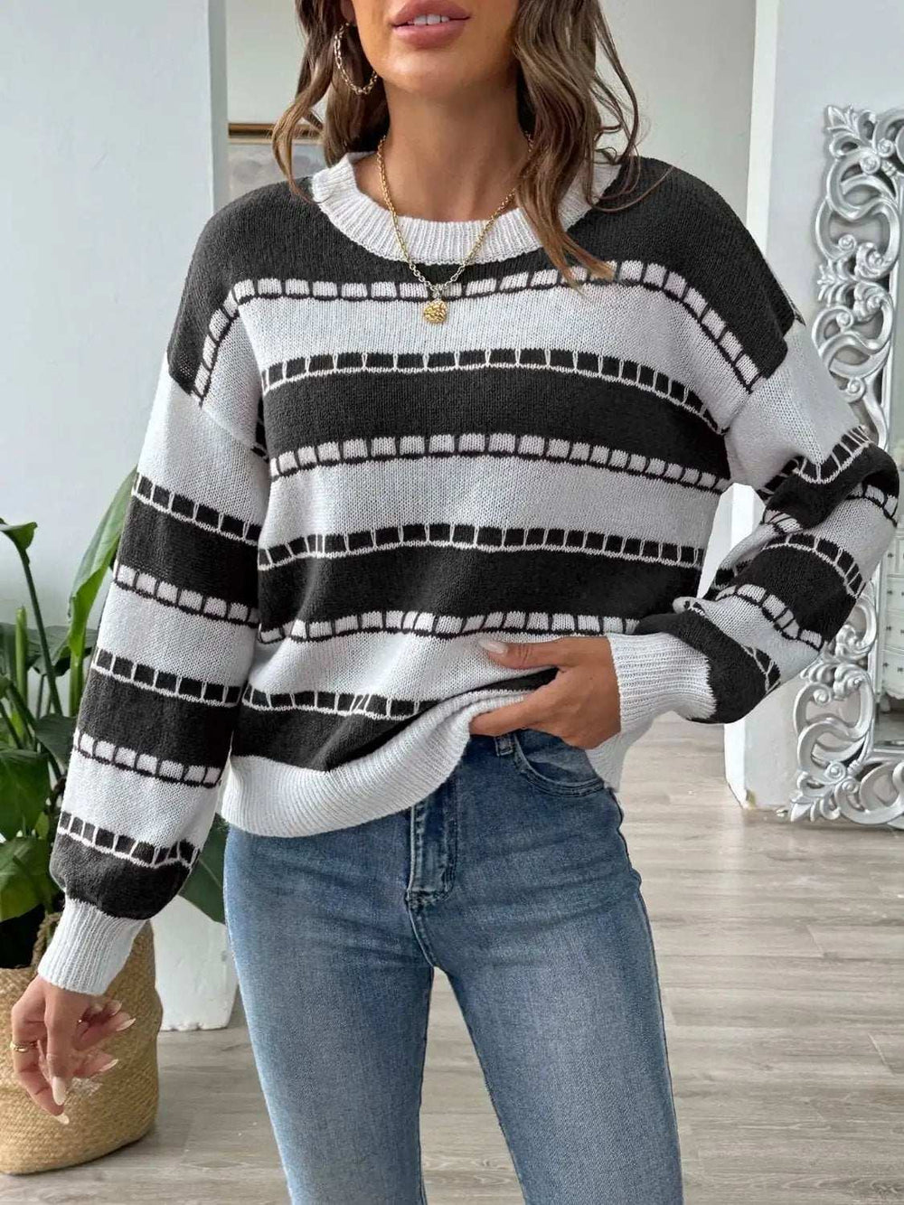 Striped Round Neck Long Sleeve Sweater - Trendsi - Flyclothing LLC