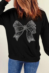 Rhinestone Bow Round Neck Long Sleeve Sweatshirt - Trendsi - Flyclothing LLC