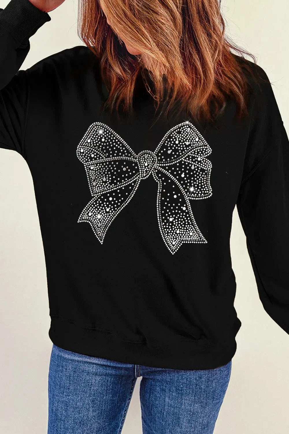 Rhinestone Bow Round Neck Long Sleeve Sweatshirt - Trendsi - Flyclothing LLC