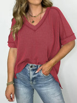 Cord Ribbed V-Neck Short Sleeve T-Shirt - Trendsi - Flyclothing LLC