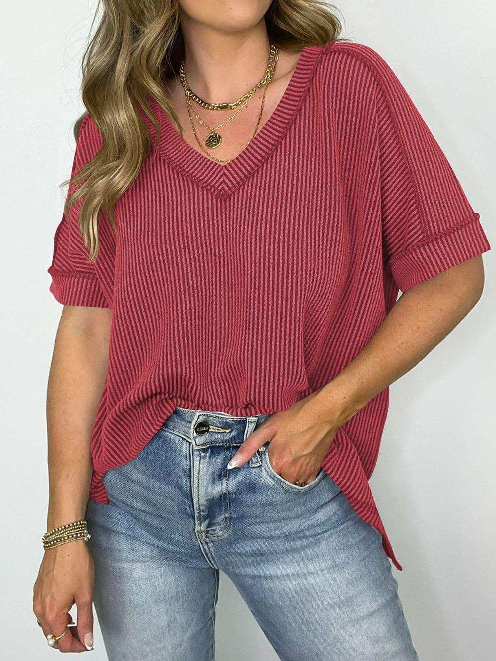 Cord Ribbed V-Neck Short Sleeve T-Shirt - Trendsi - Flyclothing LLC