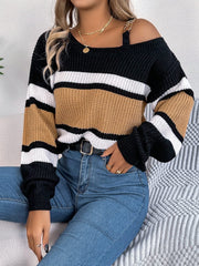 Color Block Asymmetrical Neck Long Sleeve Sweater - Trendsi