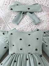 Children's Heart Print Ruffle Trim Bodysuit Dress with Headband - Trendsi - Flyclothing LLC