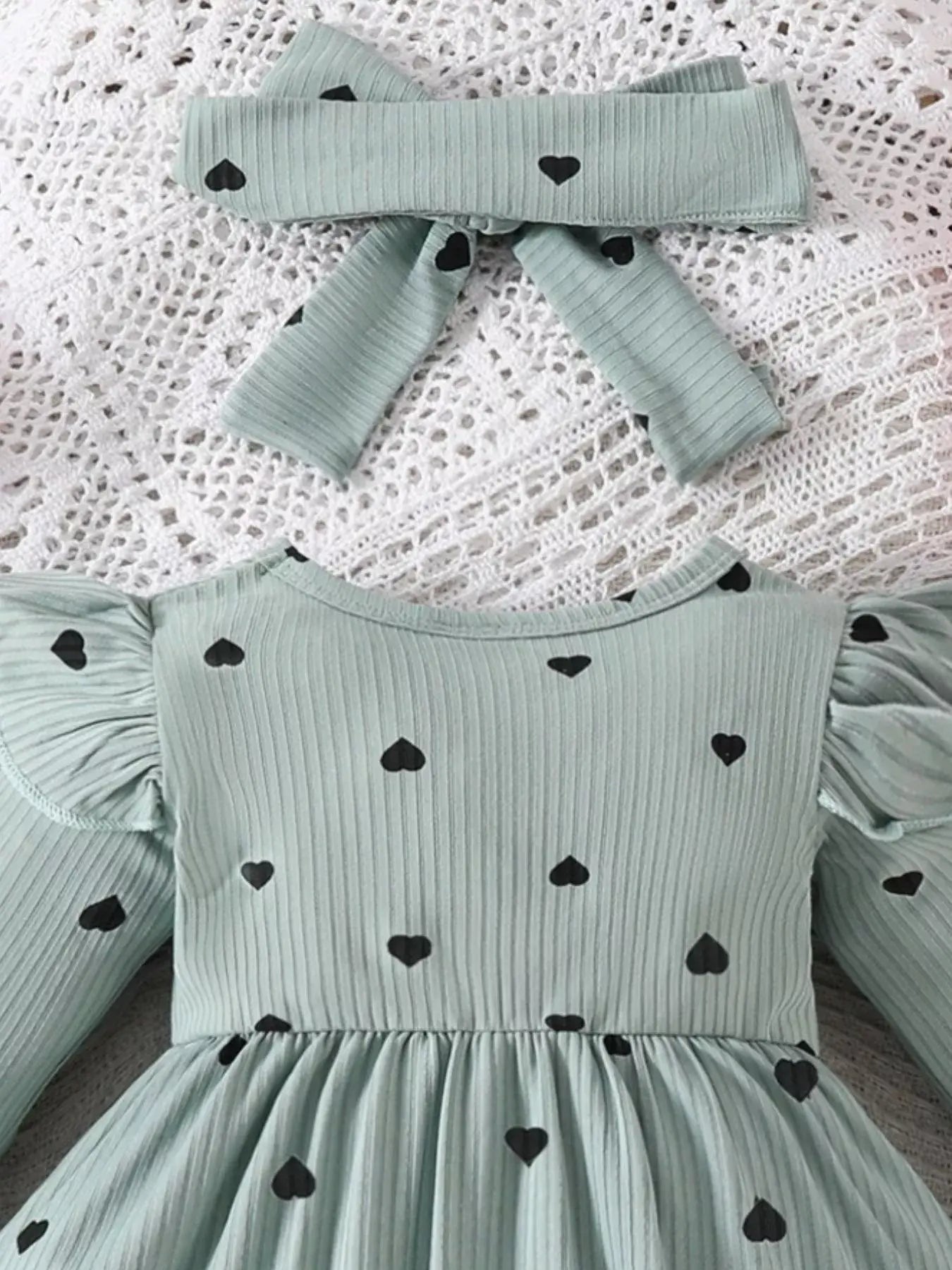 Children's Heart Print Ruffle Trim Bodysuit Dress with Headband - Trendsi - Flyclothing LLC