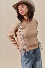 SO ME Checkered Plaid Tape Lace Up Ribbed Sweater - Trendsi - Flyclothing LLC