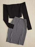 Off-Shoulder Long Sleeve Top and Houndstooth Skirt Set - Trendsi