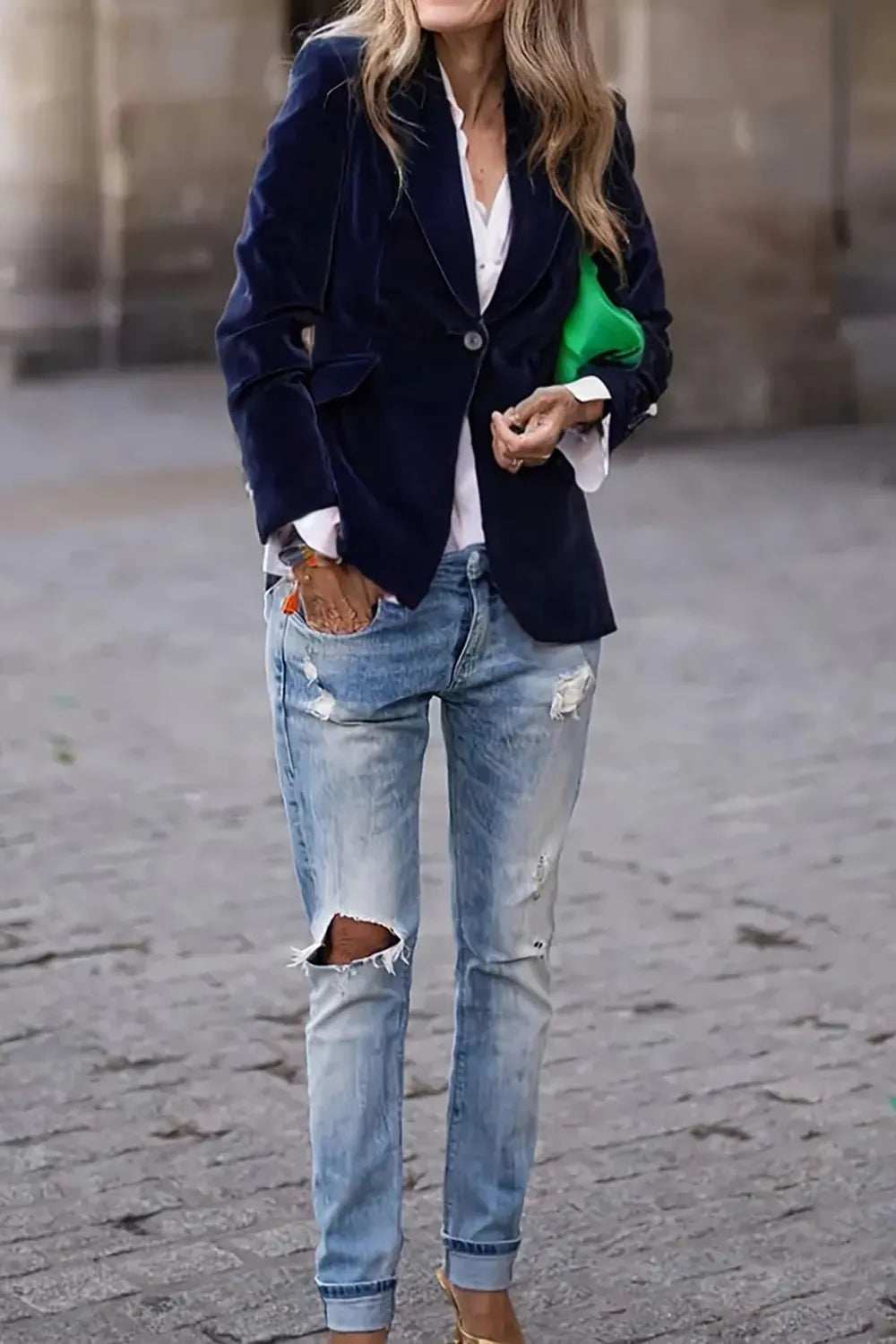 One Button Lapel Collar Long Sleeve Blazer - Trendsi - Flyclothing LLC