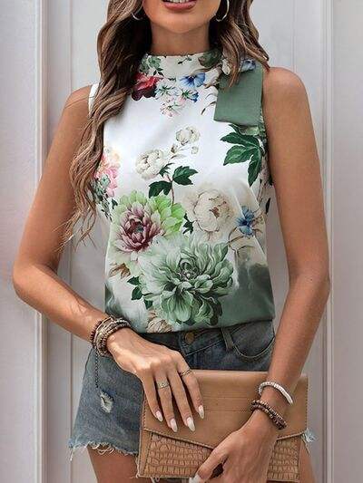 Tied Flower Printed Mock Neck Top - Trendsi - Flyclothing LLC