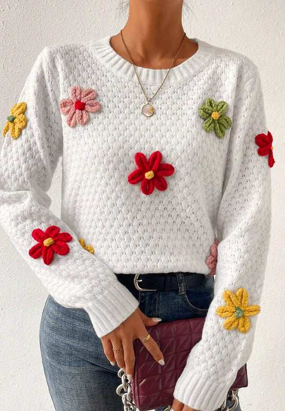Crochet Flower Round Neck Long Sleeve Sweater - Trendsi - Flyclothing LLC