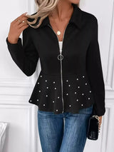 Pearl Embellished Zip-Up Peplum Outerwear - Trendsi - Flyclothing LLC