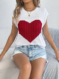 Cable Knit Heart Round Neck Cap Sleeve Knit Top - Trendsi - Flyclothing LLC