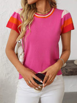 Mandy Contrast Round Neck Short Sleeve Knit Top - Trendsi - Flyclothing LLC
