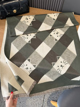 Cute Cat Pattern Plaid Raw Hem Scarf - Trendsi - Flyclothing LLC