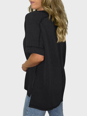 Lovelet Texture V-Neck Half Sleeve T-Shirt - Trendsi