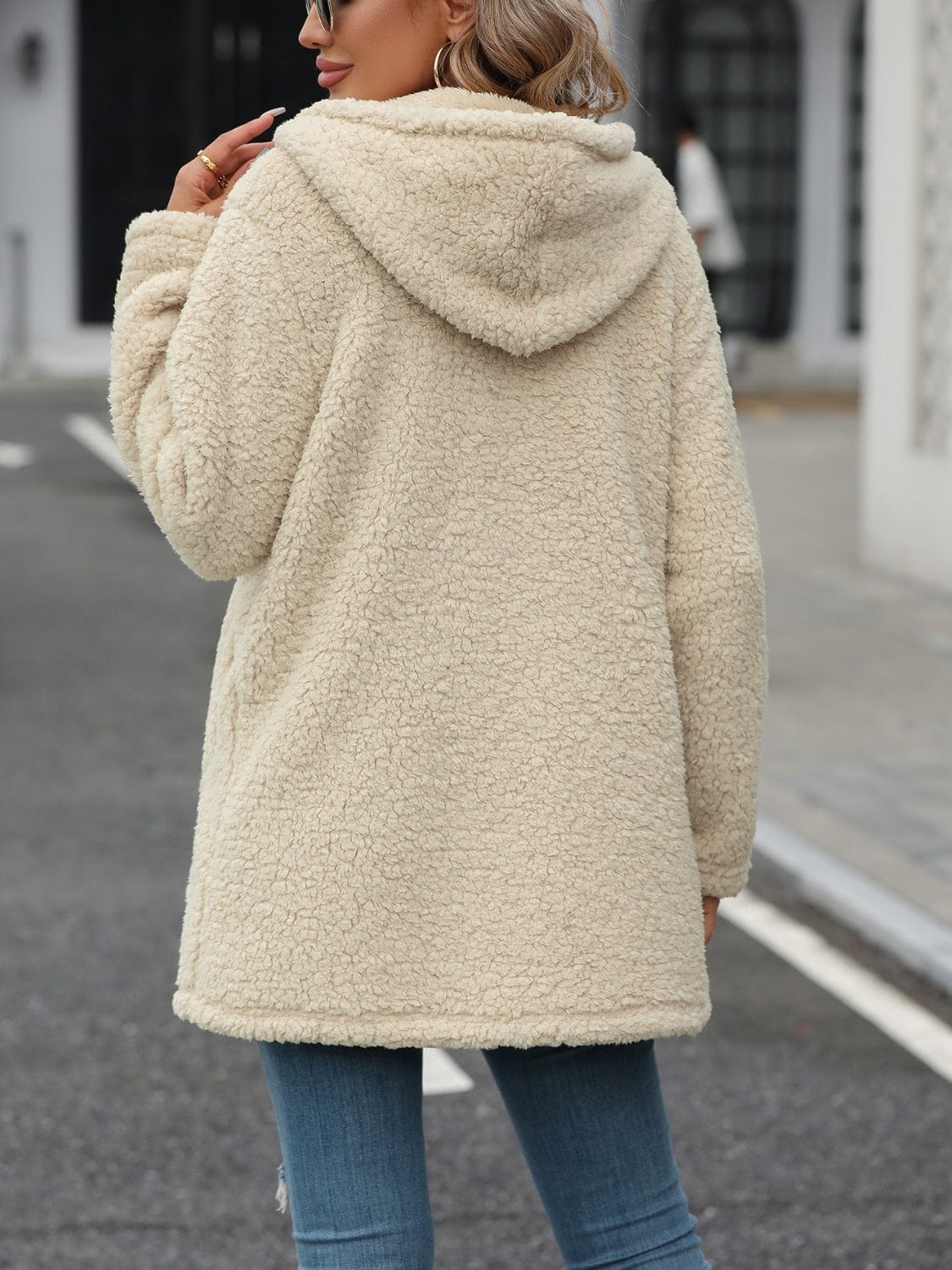 Fuzzy Zip Up Long Sleeve Hooded Jacket - Trendsi
