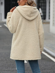 Fuzzy Zip Up Long Sleeve Hooded Jacket - Trendsi