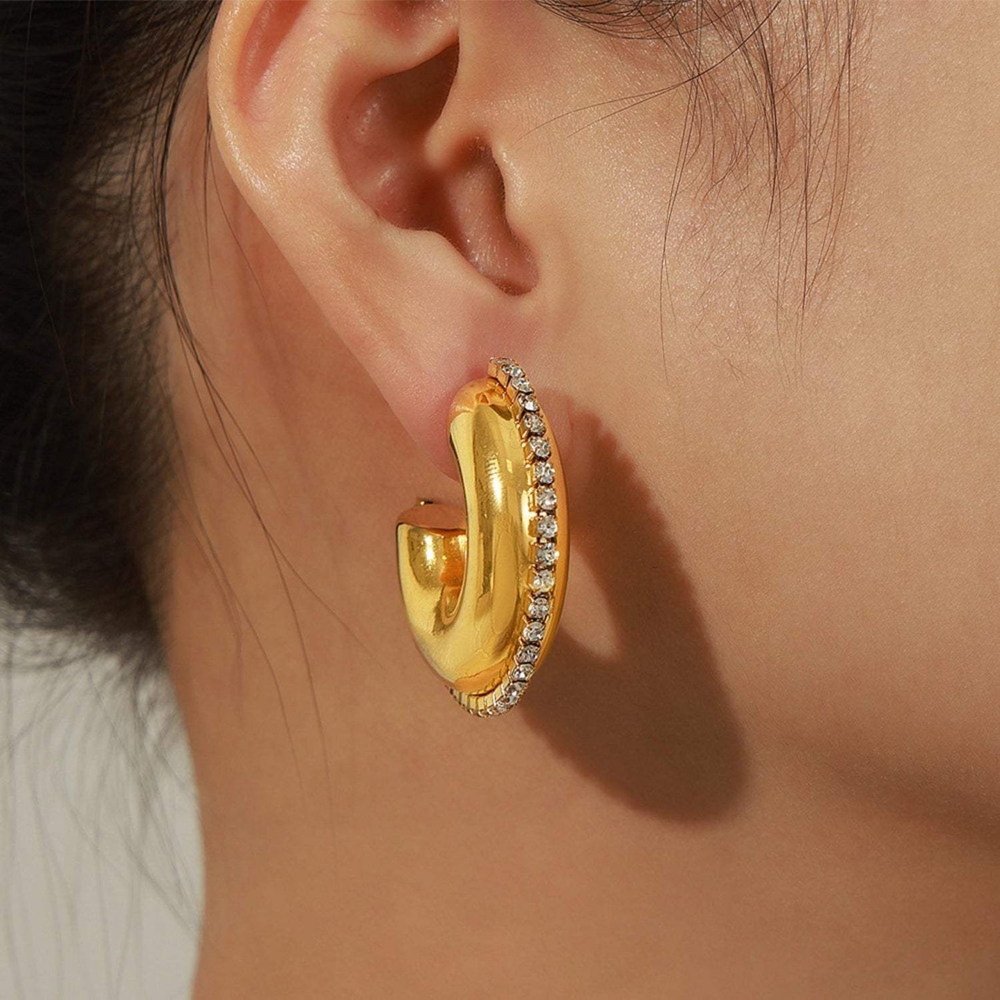 Titanium Steel Inlaid Zircon C-Hoop Earrings - Trendsi - Flyclothing LLC