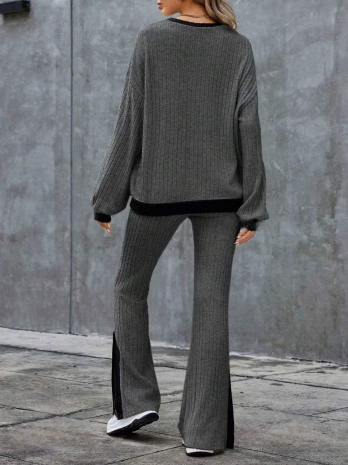 Contrast Round Neck Long Sleeve Top and Bootcut Pants Set - Trendsi - Flyclothing LLC