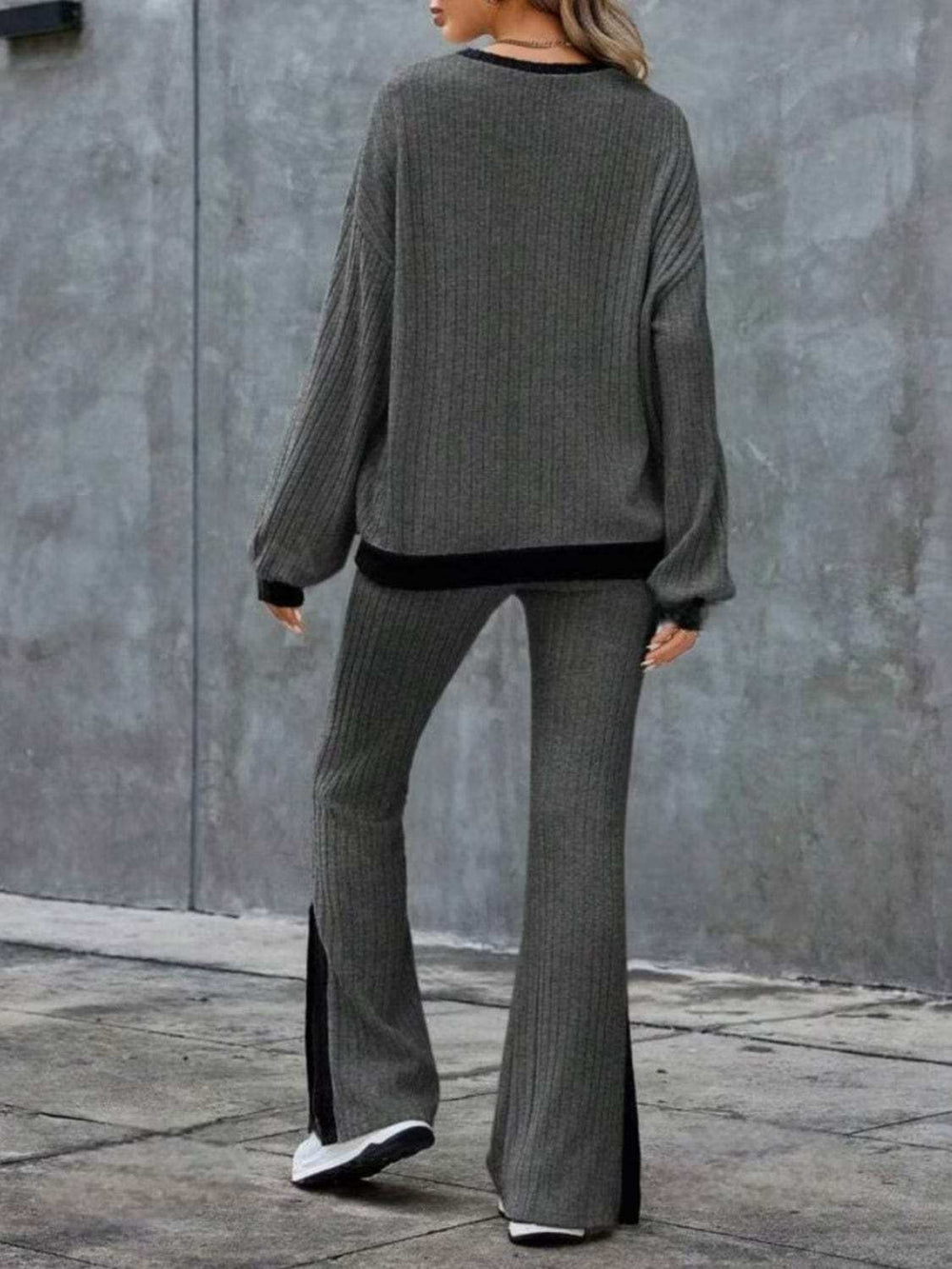 Contrast Round Neck Long Sleeve Top and Bootcut Pants Set - Trendsi - Flyclothing LLC