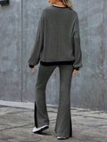 Contrast Round Neck Long Sleeve Top and Bootcut Pants Set - Trendsi - Flyclothing LLC