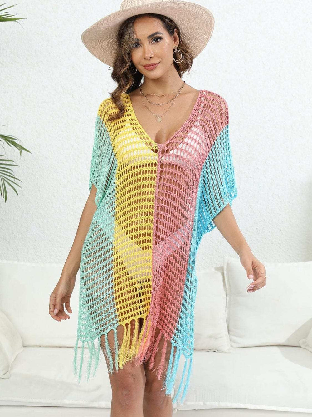 Fringe Color Block Scoop Neck Cover Up - Trendsi - Flyclothing LLC