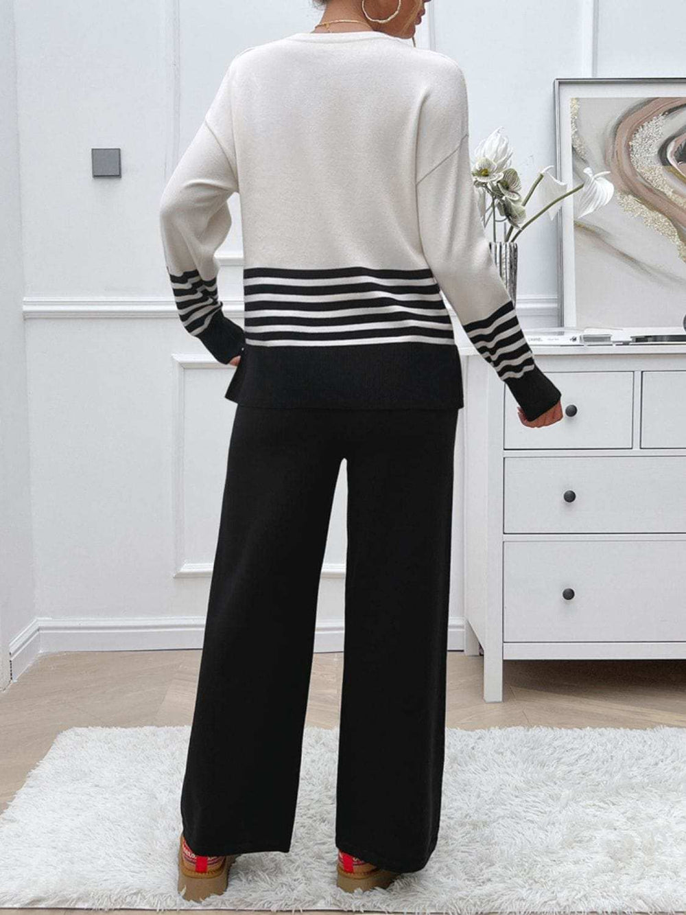 Devine Slit Striped Round Neck Top and Pants Sweater Set - Trendsi - Flyclothing LLC