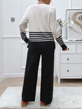 Devine Slit Striped Round Neck Top and Pants Sweater Set - Trendsi - Flyclothing LLC