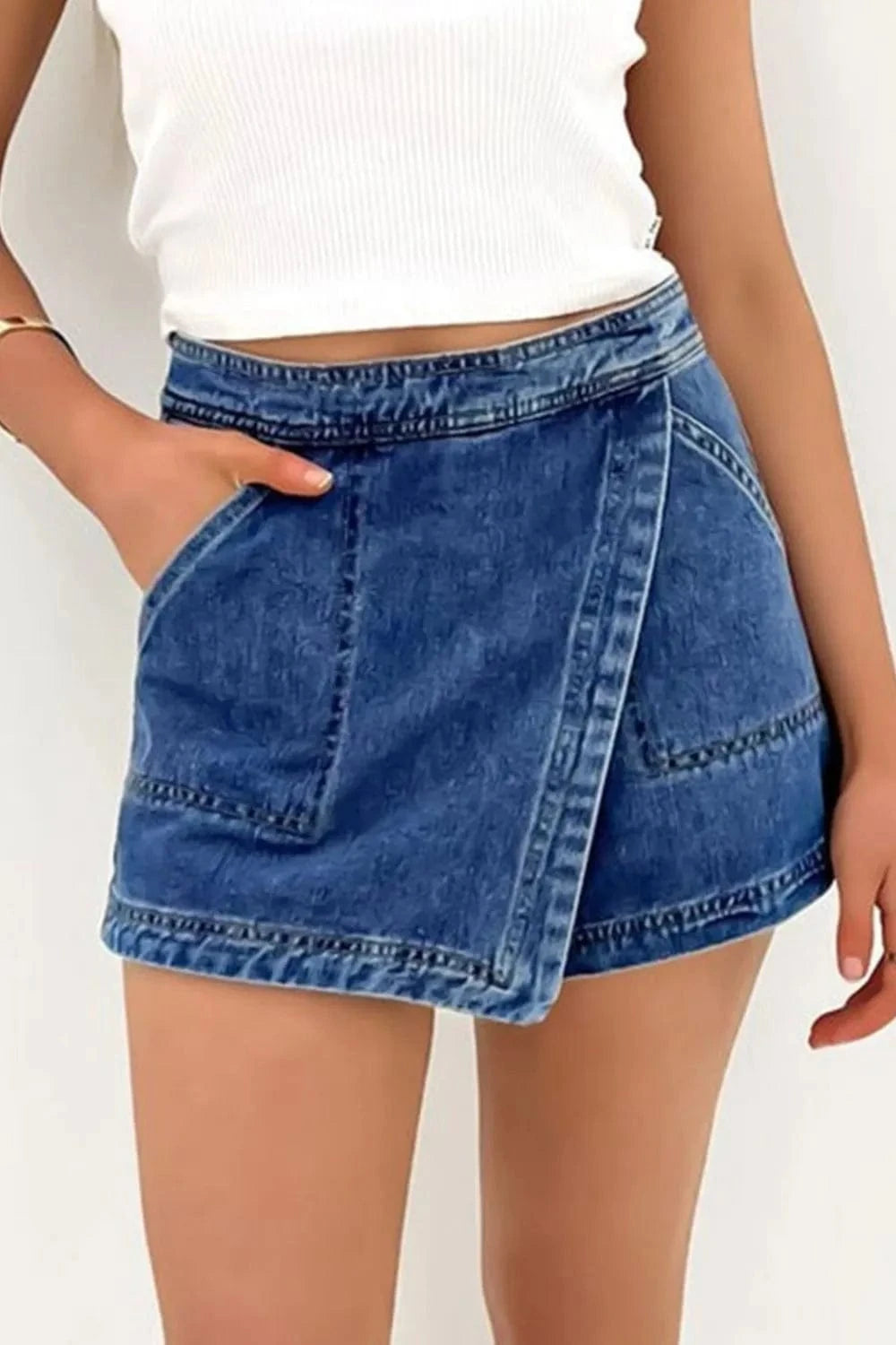 Asymmetrical Denim Skort with Pockets - Trendsi