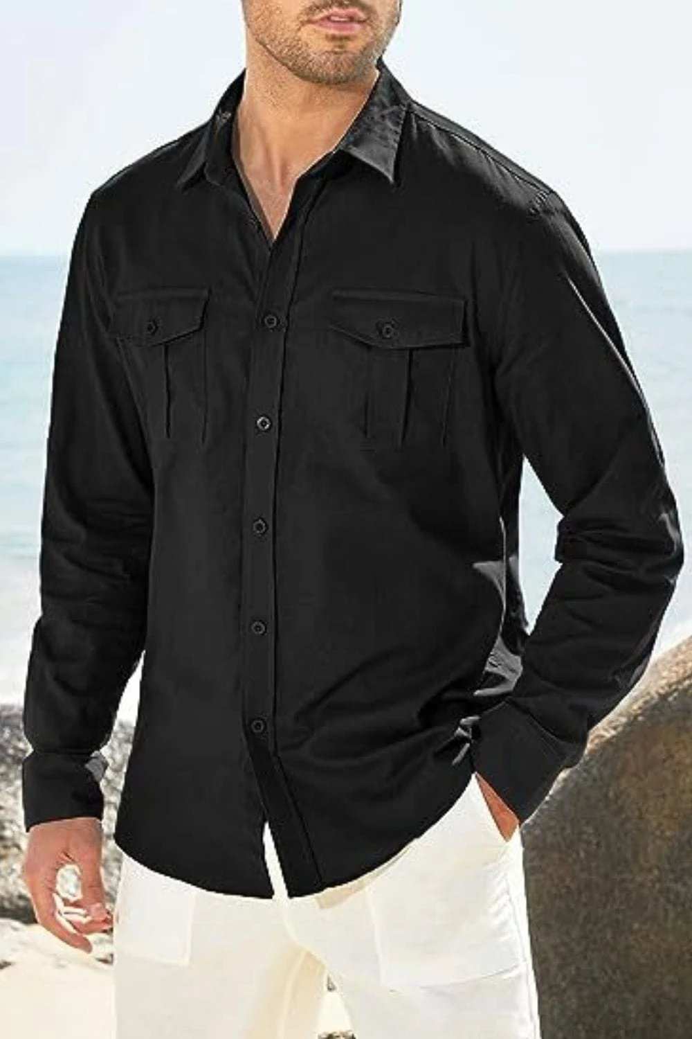Men's Plus Size Button Down Collared Neck Long Sleeve Shirt - Trendsi - Flyclothing LLC